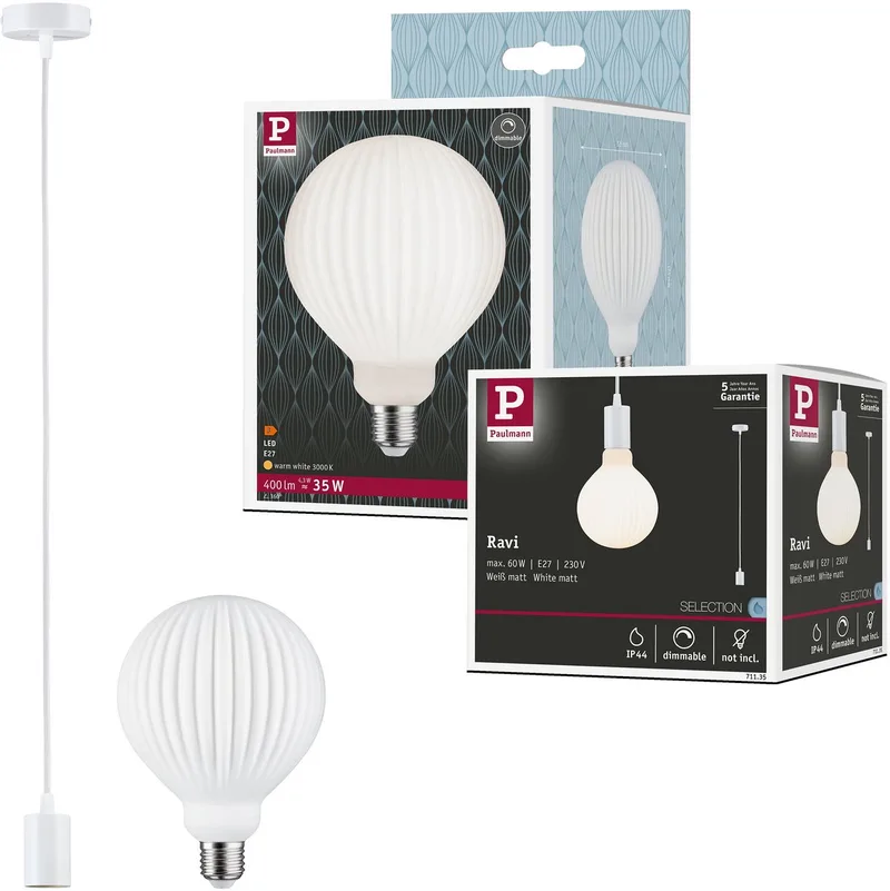 Hanglamp Ravi IP44 E27 3000K 400lm 4,3W dimbaar de Paulmann en Wit mat – photo produit