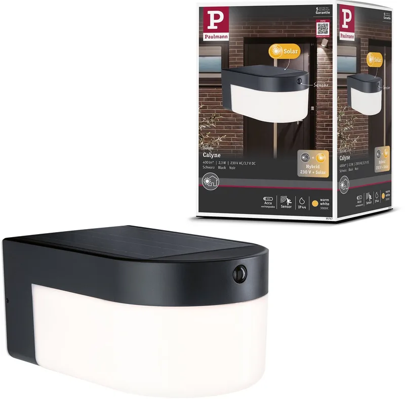 Hybrid LED-wandarmatuur voor buiten Calyne House 230V + Solar IP44 hoekig 145x229 mm 3000K 2,3W 230lm 230V by Paulmann in Black – product photo 1 of 2