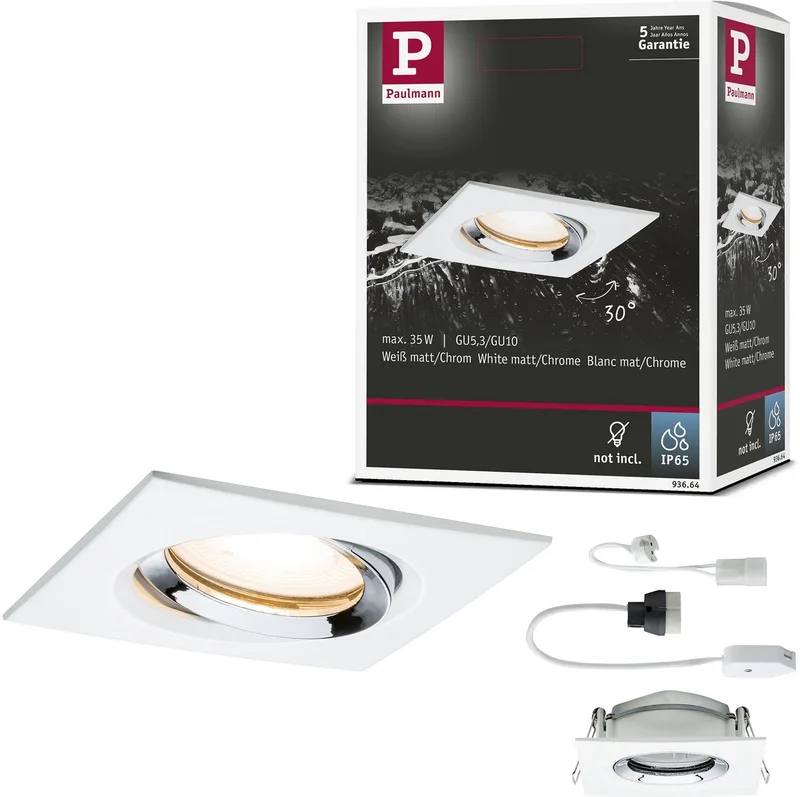 Inbouwlamp Nova Plus zwenkbaar IP65 hoekig 93x93 mm 30° GU5,3 / GU10 max. 35W 230/12V dimbaar Wit mat, Chroom de Paulmann en Wit mat, Chrome – photo produit