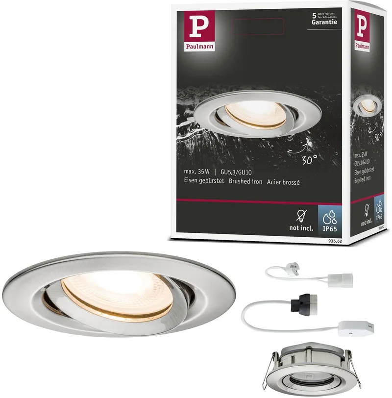 Inbouwlamp Nova Plus zwenkbaar IP65 rond 93 mm 30° GU5,3 / GU10 max. 35W 230/12V dimbaar van Paulmann in Staal geborsteld – productfoto