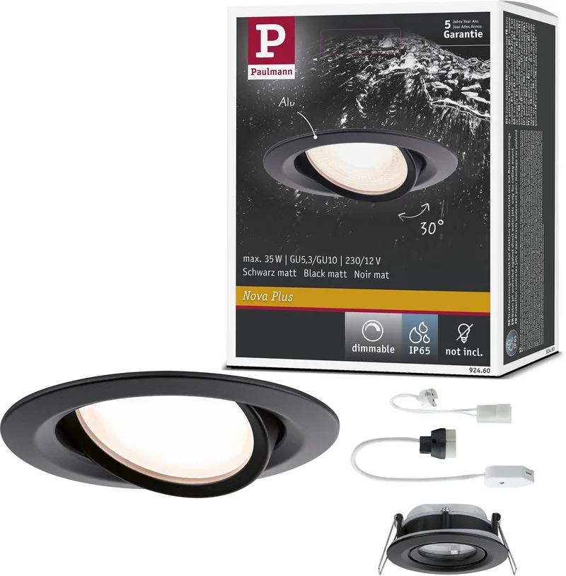 Infälld lampa Nova Plus svängbar IP65 rund 93 mm 30° GU5,3, GU10 max. 35W 230/12V dimbar från Paulmann i Zwart mat – produktbild