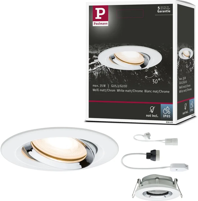 Inbouwlamp Nova Plus zwenkbaar IP65 rond 93 mm 30° GU5,3 / GU10 max. 35W 230/12V dimbaar Wit mat, Chroom från Paulmann i Wit mat, Krom – produktbild