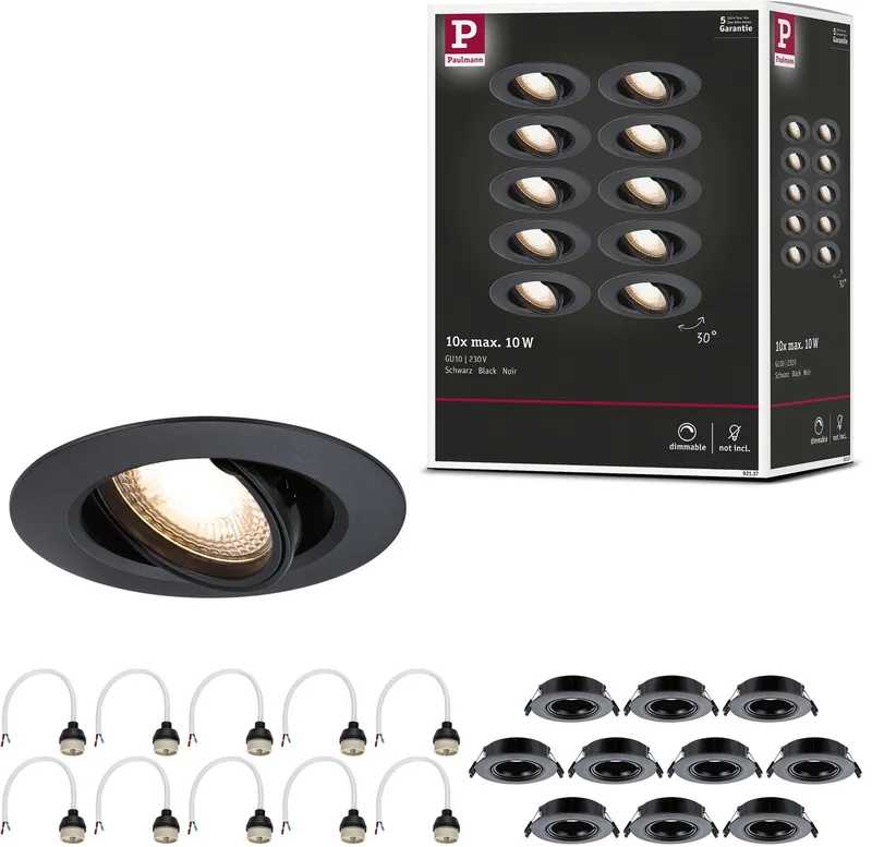 Inbouwlamp Set van 10 zwenkbaar rond 90 mm 30° GU10 max. 10x10W 230V dimbaar fra Paulmann i Sort – produktbillede