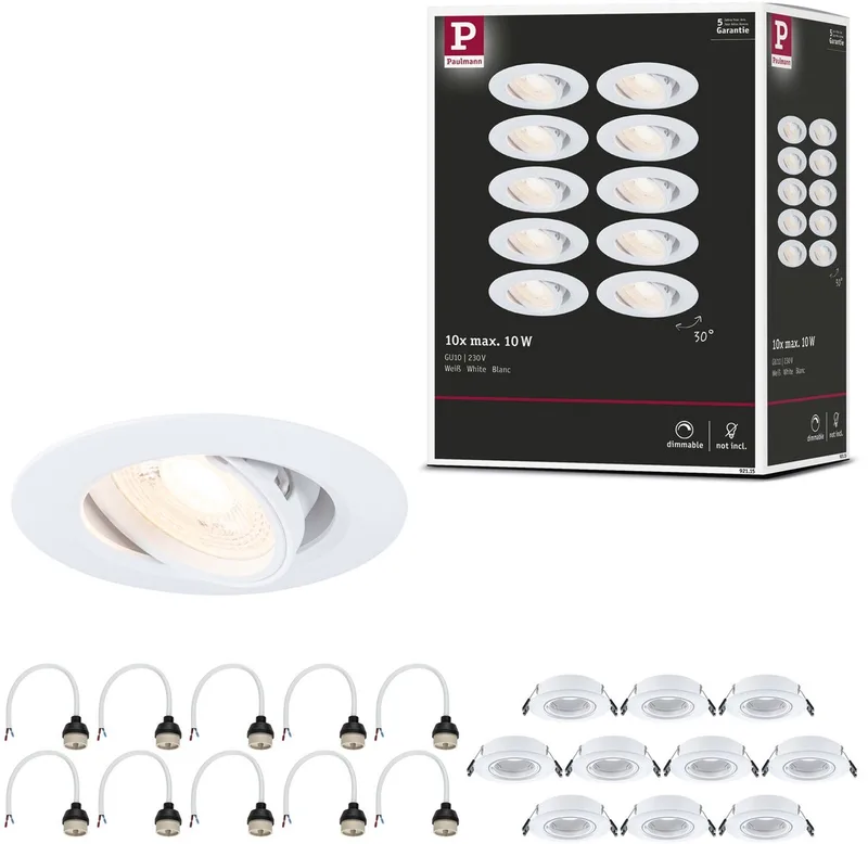 Inbouwlamp Set van 10 zwenkbaar rond 90 mm 30° GU10 max. 10x10W 230V dimbaar fra Paulmann i Hvid – produktbillede