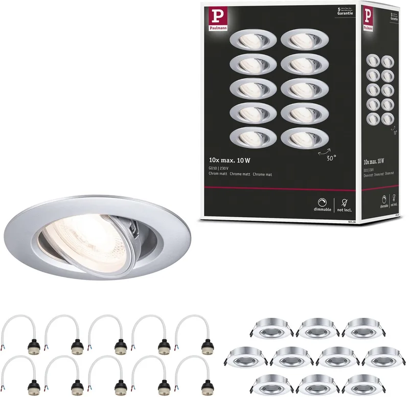 Spot encastrable lot de 10 orientable rond 90 mm 30° GU10 max. 10x10W 230V dimmable de Paulmann en Chroom mat – photo produit