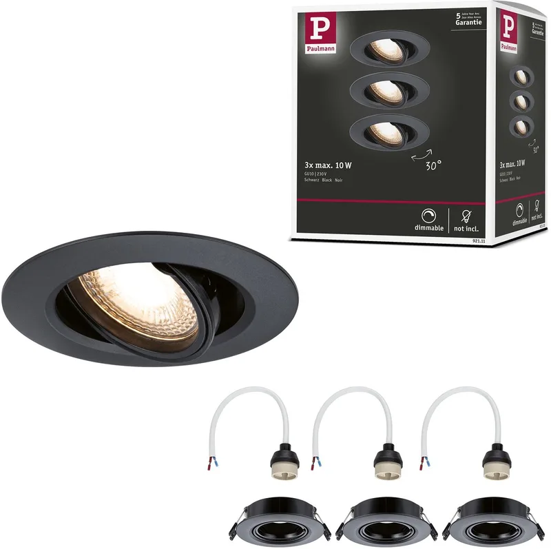 Inbouwlamp Set van 3 zwenkbaar rond 90 mm 30° GU10 max. 3x10W 230V dimbaar von Paulmann in Schwarz – Produktfoto