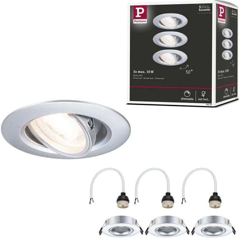 Inbouwlamp Set van 3 zwenkbaar rond 90 mm 30° GU10 max. 3x10W 230V dimbaar van Paulmann in Chroom mat – productfoto