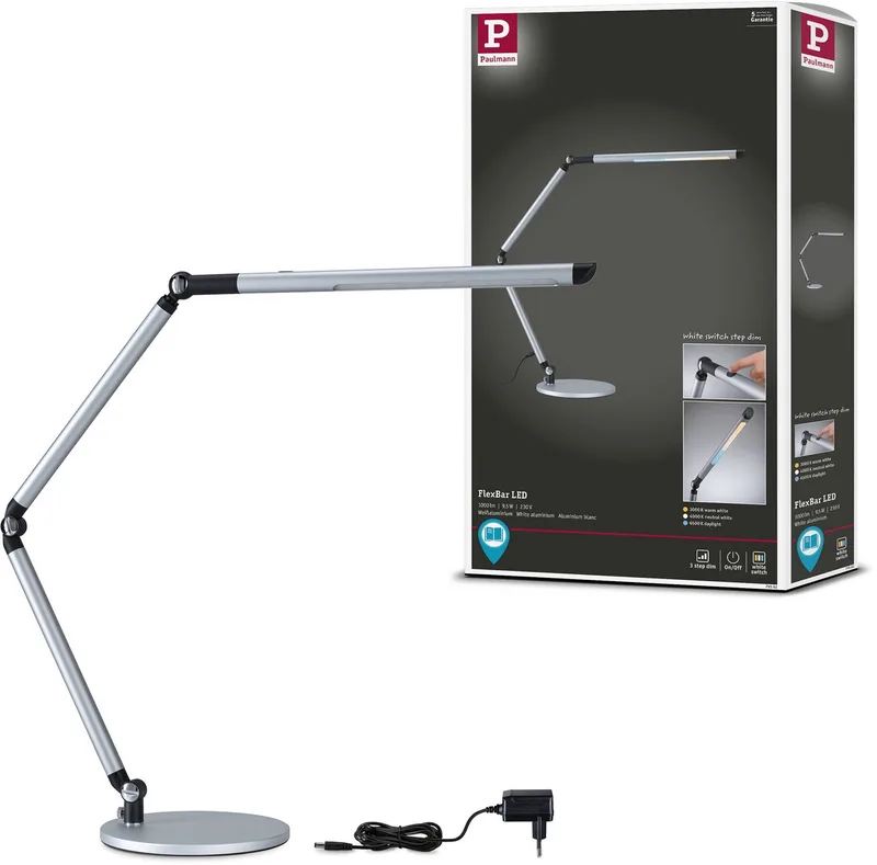 LED-bureaulamp 3-Step-Dim FlexBar White Switch 700lm 9,5W från Paulmann i Zilver mat – produktbild