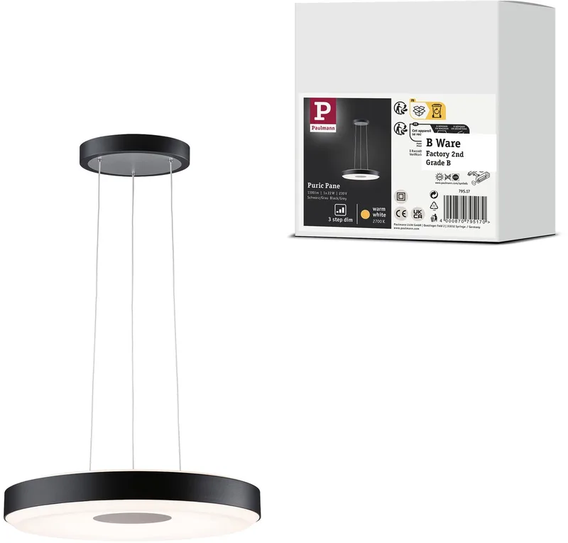 LED-hanglamp 3-Step-Dim B-waar Pane 2700K 1100lm 22W Zwart, Grijs dimbaar från Paulmann i Svart, Grå – produktbild