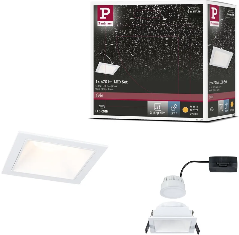 LED-inbouwlamp 3-Step-Dim Cole Coin Set van 1 IP44 hoekig 88x88 mm Coin 6W 470lm 230V dimbaar 2700K von Paulmann in Weiß – Produktfoto