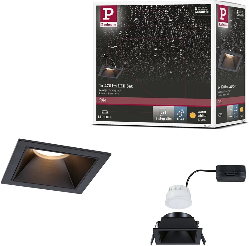 LED-inbouwlamp 3-Step-Dim Cole Coin Set van 1 IP44 hoekig 88x88 mm Coin 6W 470lm 230V dimbaar 2700K de Paulmann en Noir – photo produit