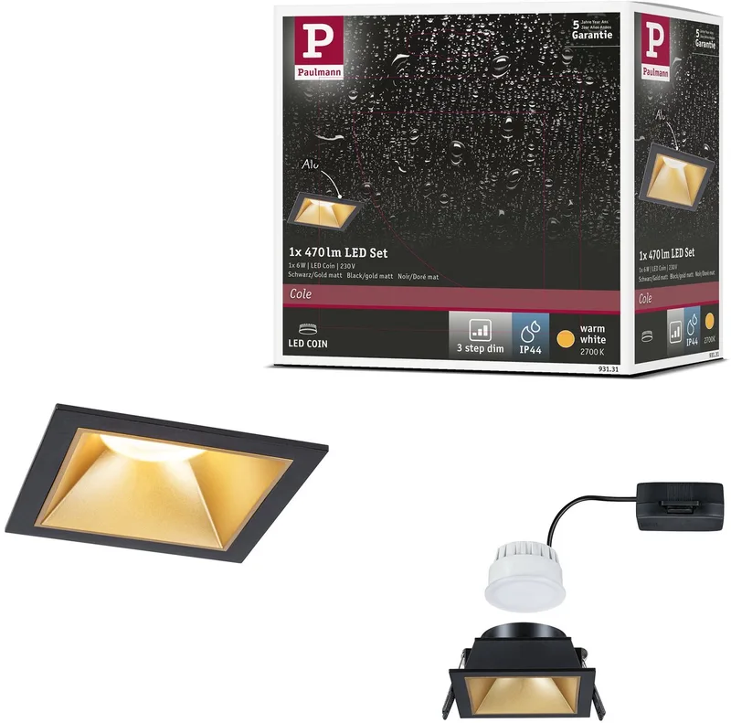 LED-inbouwlamp 3-Step-Dim Cole Coin Set van 1 IP44 hoekig 88x88 mm Coin 6W 470lm 230V dimbaar 2700K Zwart, Goud mat by Paulmann in Black, Goud mat – product photo