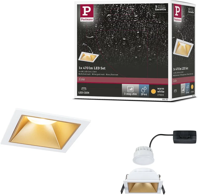 LED-inbouwlamp 3-Step-Dim Cole Coin Set van 1 IP44 hoekig 88x88 mm Coin 6W 470lm 230V dimbaar 2700K Wit, Goud mat från Paulmann i Vit, Goud mat – produktbild