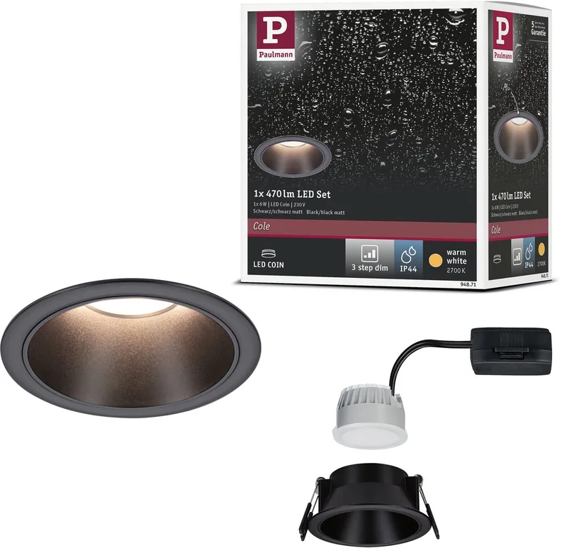 LED-inbouwlamp 3-Step-Dim Cole Coin Set van 1 IP44 rond 88 mm Coin 6W 470lm 230V dimbaar 2700K de Paulmann en Noir – photo produit