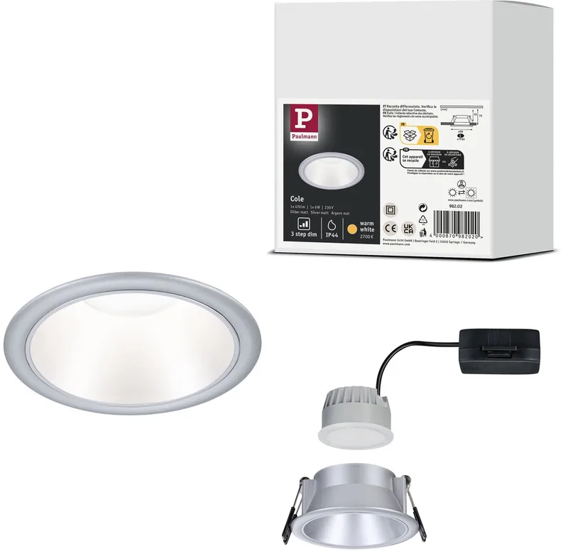 LED-inbouwlamp 3-Step-Dim Cole Coin Set van 1 IP44 rond 88 mm Coin 6W 470lm 230V dimbaar 2700K de Paulmann en Zilver mat – photo produit