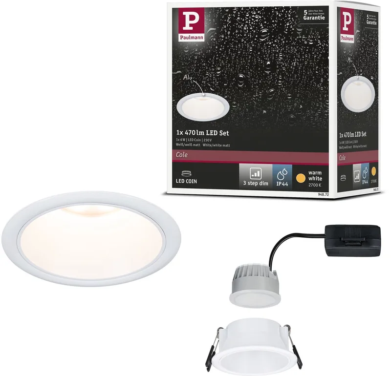 LED-inbouwlamp 3-Step-Dim Cole Coin Set van 1 IP44 rond 88 mm Coin 6W 470lm 230V dimbaar 2700K de Paulmann en Blanc – photo produit