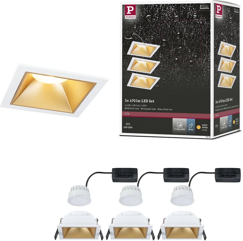 LED-inbouwlamp 3-Step-Dim Cole Coin Set van 3 IP44 hoekig 88x88 mm Coin 3x6W 3x470lm 230V dimbaar 2700K Wit, Goud mat by Paulmann in White, Goud mat – product photo