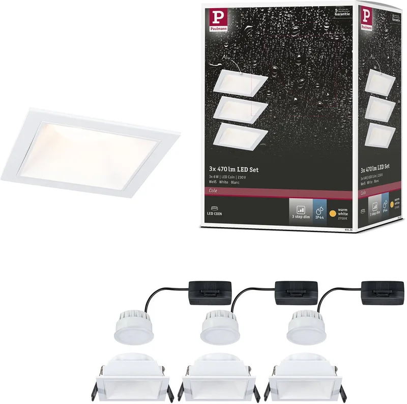 Spot encastrable LED 3-Step-Dim Cole Coin lot de 3 IP44 carré 88x88 mm Coin 3x6W 3x470lm 230V dimmable 2700K de Paulmann en Blanc – photo produit