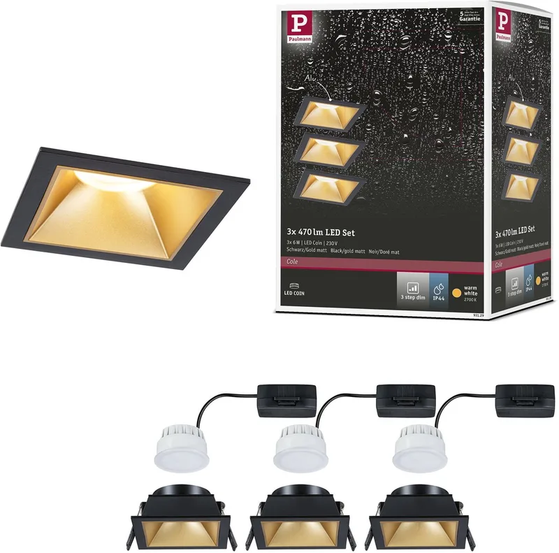 LED-inbouwlamp 3-Step-Dim Cole Coin Set van 3 IP44 hoekig 88x88 mm Coin 3x6W 3x470lm 230V dimbaar 2700K Zwart, Goud mat från Paulmann i Svart, Goud mat – produktbild