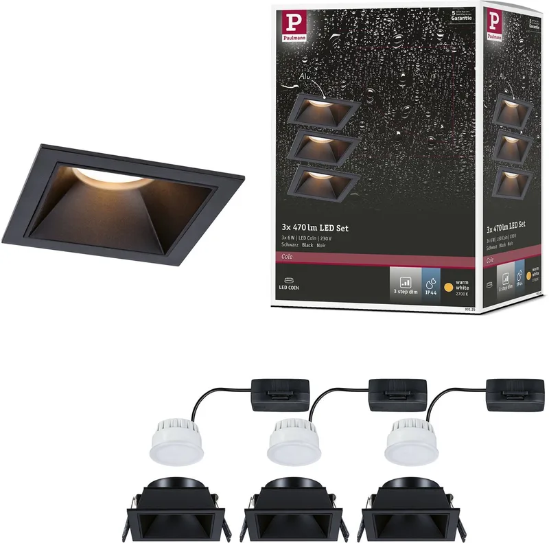 LED-indbygningslampe 3-Step-Dim Cole Coin, sæt med 3, IP44, kantet 88x88 mm, Coin 3x6W 3x470lm 230V, dæmpbar, 2700K fra Paulmann i Sort – produktbillede