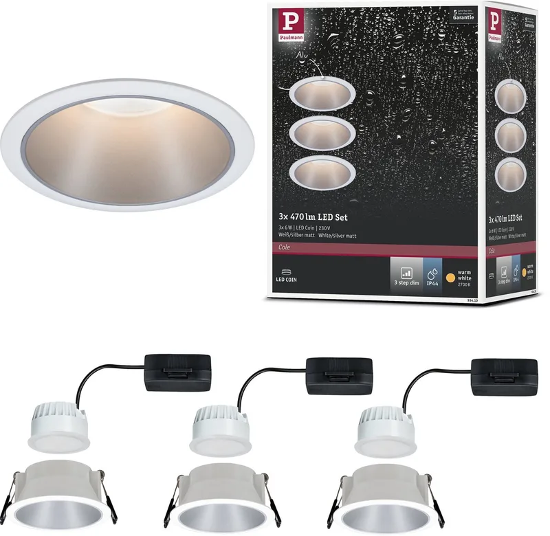 Paulmann 93410 Cole Coin Spot encastrable jeu de 3 LED LED 6 W blanc, argent de Paulmann en Blanc, Zilver mat – photo produit