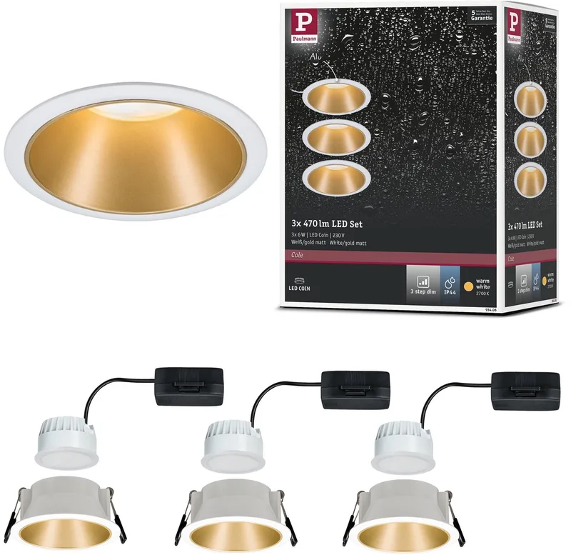 Spot encastrable Paulmann 93406 Cole Coin jeu de 3 LED LED 6.50 W blanc, or de Paulmann en Blanc, Goud mat – photo produit