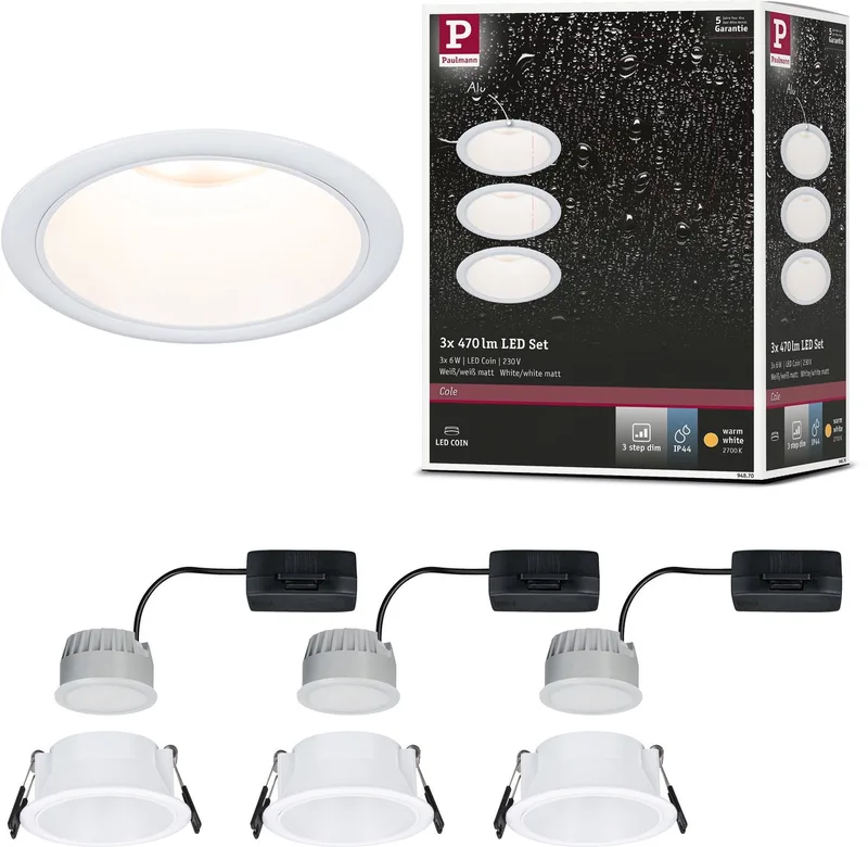 LED indbygningsspot 3-Step-Dim Cole Coin sæt med 3 IP44 rund 88 mm Coin 3x6W 3x470lm 230V dæmpbar 2700K fra Paulmann i Hvid – produktbillede