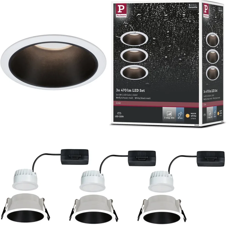 LED-inbouwlamp 3-Step-Dim Cole Coin Set van 3 IP44 rond 88 mm Coin 3x6W 3x470lm 230V dimbaar 2700K Wit, Zwart mat fra Paulmann i Hvid, Zwart mat – produktbillede