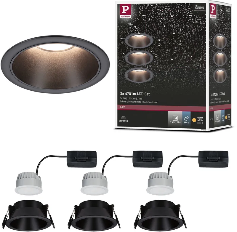 LED indbygningsspot 3-Step-Dim Cole Coin sæt med 3 IP44 rund 88 mm Coin 3x6W 3x470lm 230V dæmpbar 2700K fra Paulmann i Sort – produktbillede