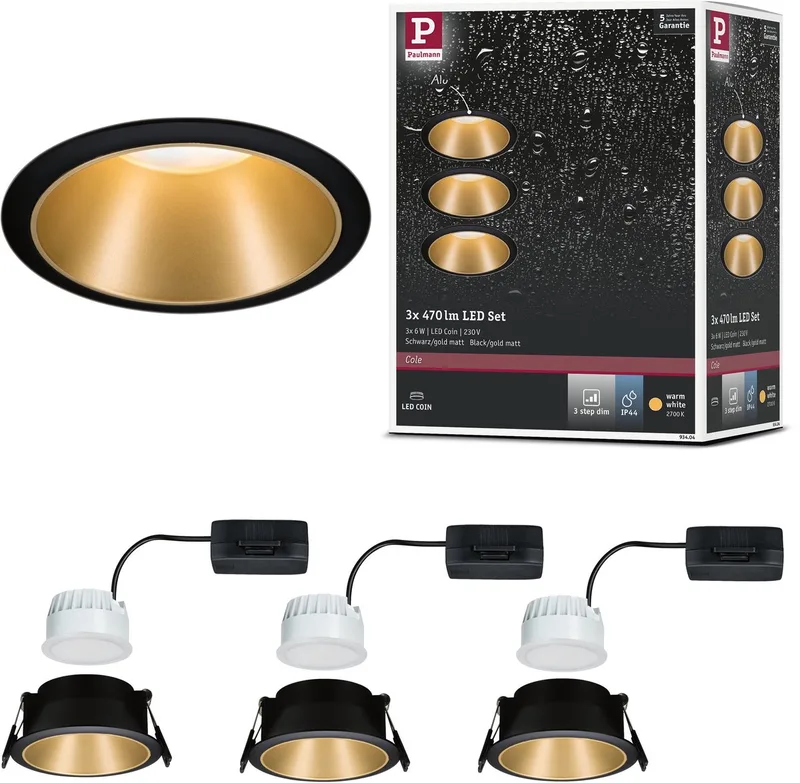 LED-infälld lampa 3-Step-Dim Cole Coin, set om 3, IP44, rund 88 mm Coin 3x6W 3x470lm 230V dimbar 2700K svart, guld matt från Paulmann i Svart, Goud mat – produktbild