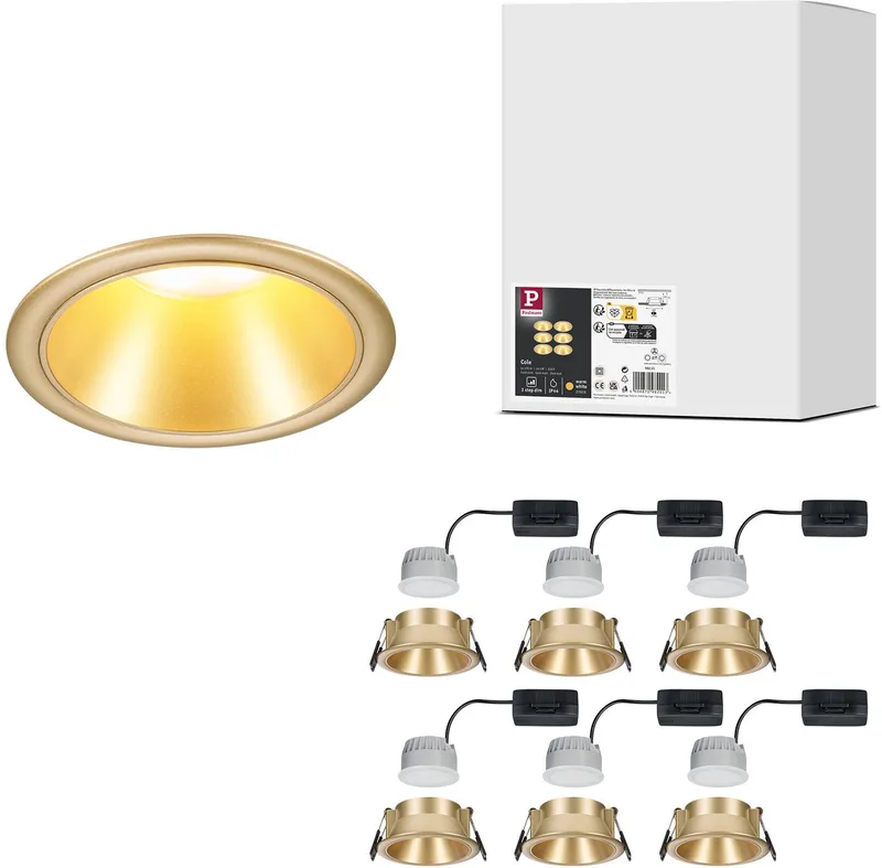 LED-inbouwlamp 3-Step-Dim Cole Coin Set van 6 IP44 rond 88 mm Coin 6x6W 6x470lm 230V dimbaar 2700K fra Paulmann i Goud mat – produktbillede