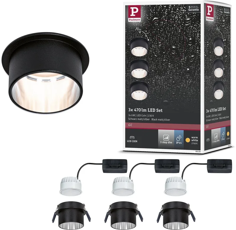 LED-infälld lampa 3-Step-Dim Gil Coin basset IP44 rund 68 mm Coin 3x6W 3x470lm 230V dimbar 2700K svart matt, borstat stål från Paulmann i Zwart mat, Staal geborsteld – produktbild