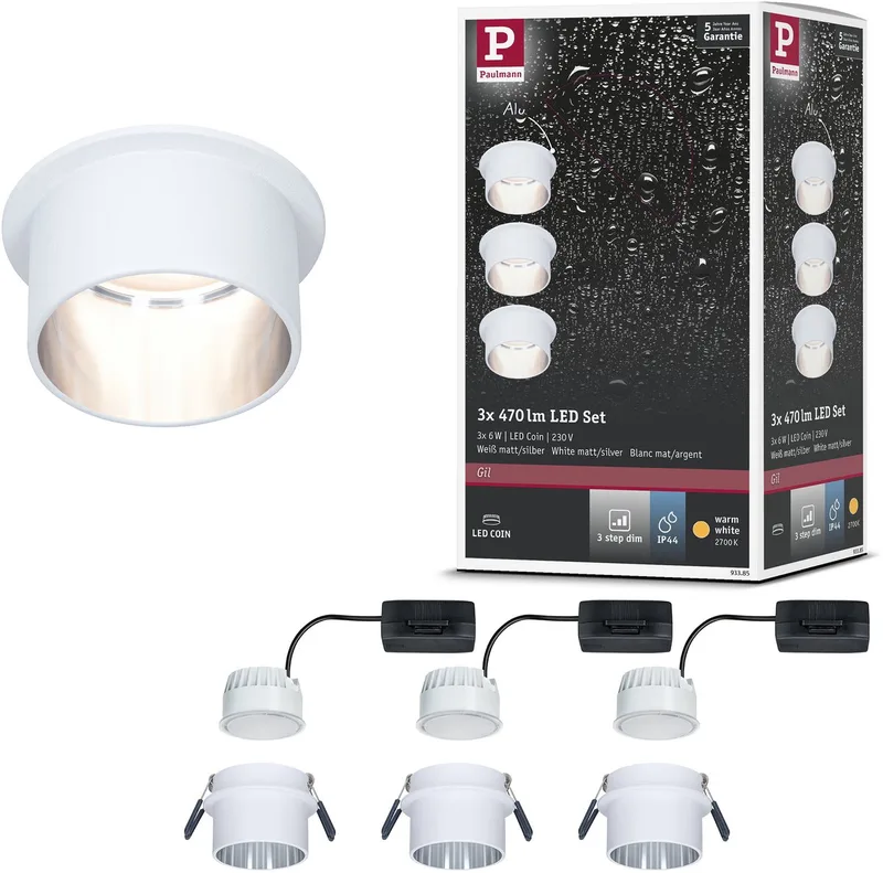 LED-inbouwlamp 3-Step-Dim Gil Coin Basisset IP44 rond 68 mm Coin 3x6W 3x470lm 230V dimbaar 2700K Wit mat, Staal geborsteld från Paulmann i Wit mat, Staal geborsteld – produktbild