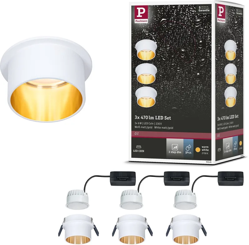 LED-inbouwlamp 3-Step-Dim Gil Coin Basisset IP44 rond 68 mm Coin 3x6W 3x470lm 230V dimbaar 2700K Wit mat, Goud fra Paulmann i Wit mat, Guld – produktbillede
