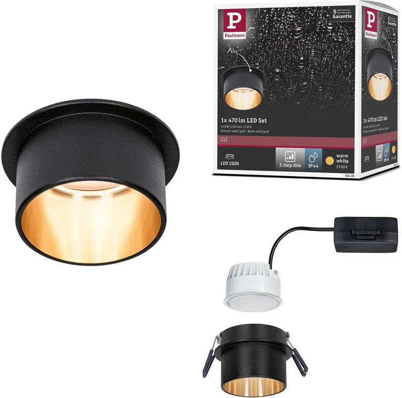 LED-inbouwlamp 3-Step-Dim Gil Coin IP44 rond 68 mm Coin 6W 470lm 230V dimbaar 2700K Zwart mat, Goud van Paulmann in Zwart mat, Goud – productfoto