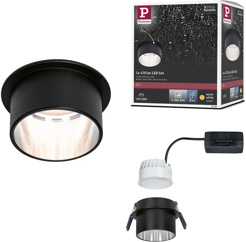 LED-inbouwlamp 3-Step-Dim Gil Coin IP44 rond 68 mm Coin 6W 470lm 230V dimbaar 2700K Zwart mat, Staal geborsteld van Paulmann in Zwart mat, Staal geborsteld – productfoto