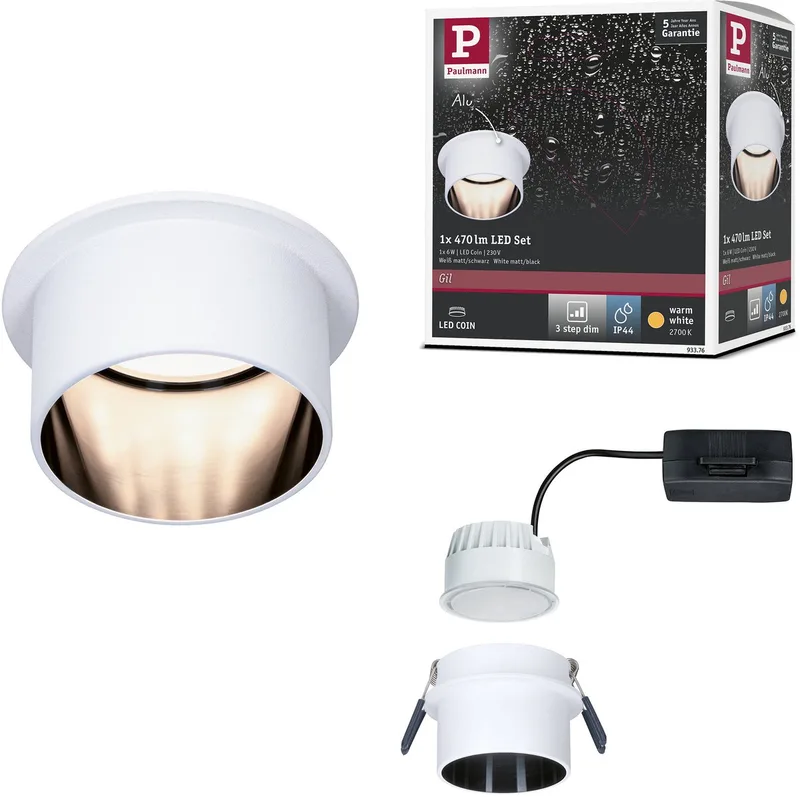 LED-inbouwlamp 3-Step-Dim Gil Coin IP44 rond 68 mm Coin 6W 470lm 230V dimbaar 2700K Wit mat, Zwart mat från Paulmann i Wit mat, Zwart mat – produktbild