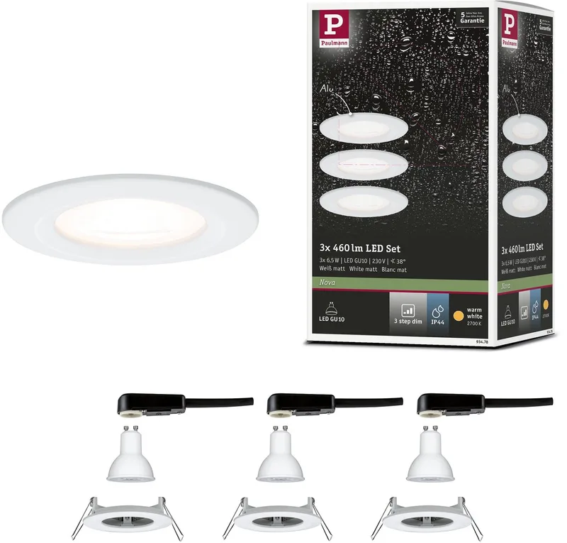 LED-inbouwlamp 3-Step-Dim Nova Basisset star IP44 rond 78 mm GU10 3x6,5W 3x460lm 230V dimbaar 2700K fra Paulmann i Wit mat – produktbillede