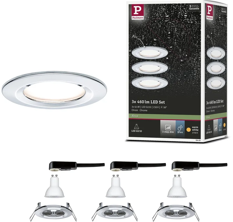 LED-inbouwlamp 3-Step-Dim Nova Basisset star IP44 rond 78 mm GU10 3x6,5W 3x460lm 230V dimbaar 2700K fra Paulmann i Krom – produktbillede