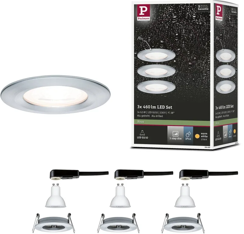 LED-inbouwlamp 3-Step-Dim Nova Basisset star IP44 rond 78 mm GU10 3x6,5W 3x460lm 230V dimbaar 2700K fra Paulmann i Alu gedraaid – produktbillede