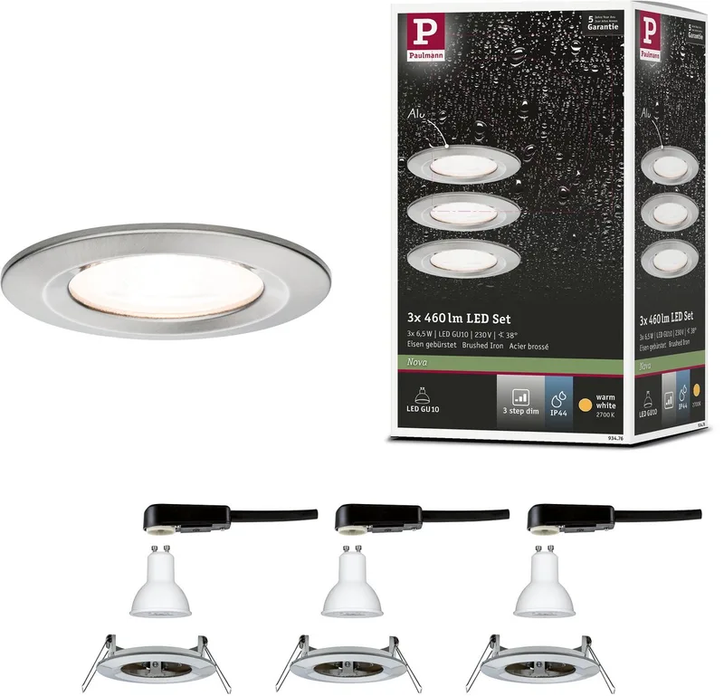 LED-inbouwlamp 3-Step-Dim Nova Basisset star IP44 rond 78 mm GU10 3x6,5W 3x460lm 230V dimbaar 2700K by Paulmann in Staal geborsteld – product photo