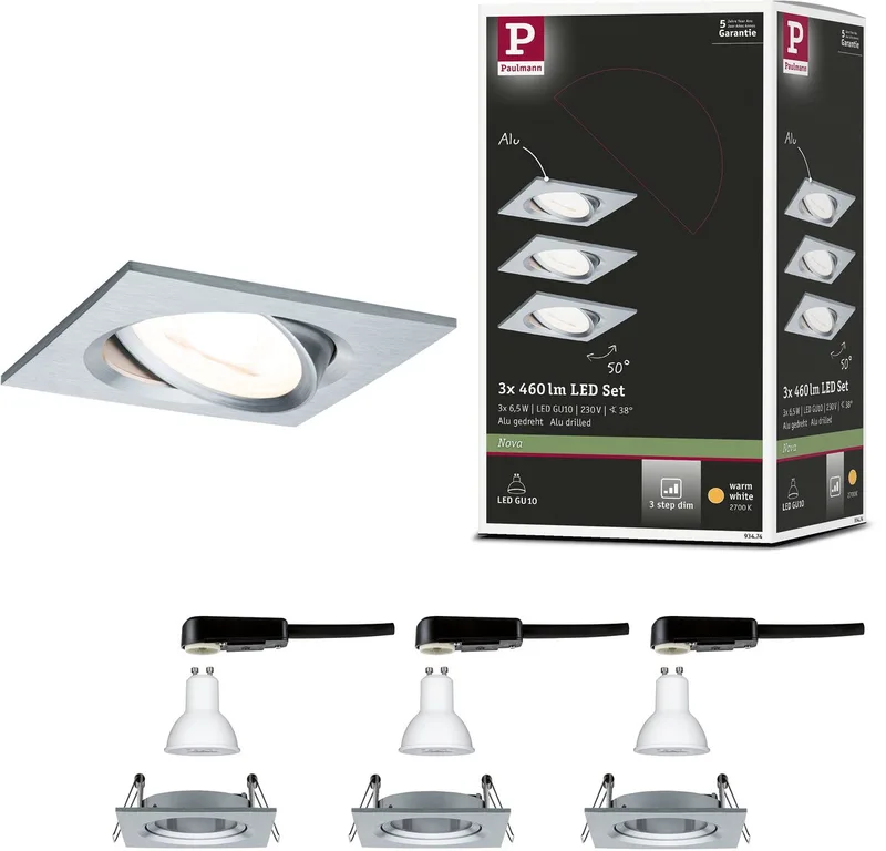 LED-inbouwlamp 3-Step-Dim Nova Basisset zwenkbaar hoekig 84x84 mm 50° GU10 3x6,5W 3x460lm 230V dimbaar 2700K fra Paulmann i Alu gedraaid – produktbillede