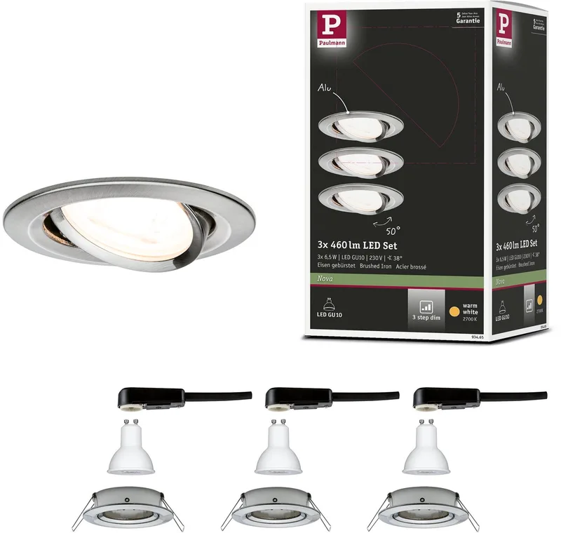 LED-inbouwlamp 3-Step-Dim Nova Basisset zwenkbaar rond 84 mm 50° GU10 3x6,5W 3x460lm 230V dimbaar 2700K från Paulmann i Staal geborsteld – produktbild