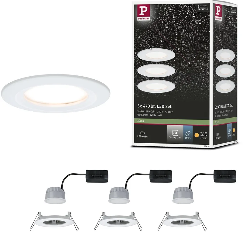 LED indbygningsspot 3-Step-Dim Nova Coin grundsæt star IP44 rund 78 mm Coin 3x6W 3x470lm 230V dæmpbar 2700K fra Paulmann i Wit mat – produktbillede