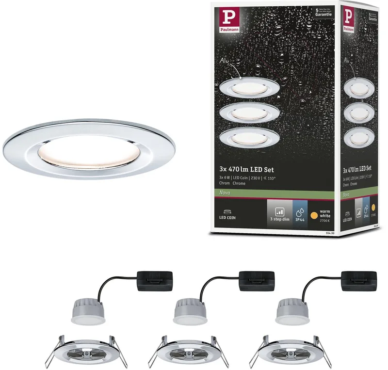 LED indbygningsspot 3-Step-Dim Nova Coin grundsæt star IP44 rund 78 mm Coin 3x6W 3x470lm 230V dæmpbar 2700K fra Paulmann i Krom – produktbillede