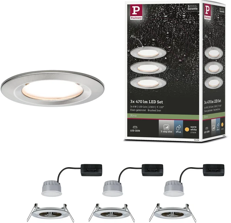 LED-infälld lampa 3-Step-Dim Nova Coin basset star IP44 rund 78 mm Coin 3x6W 3x470lm 230V dimbar 2700K från Paulmann i Staal geborsteld – produktbild