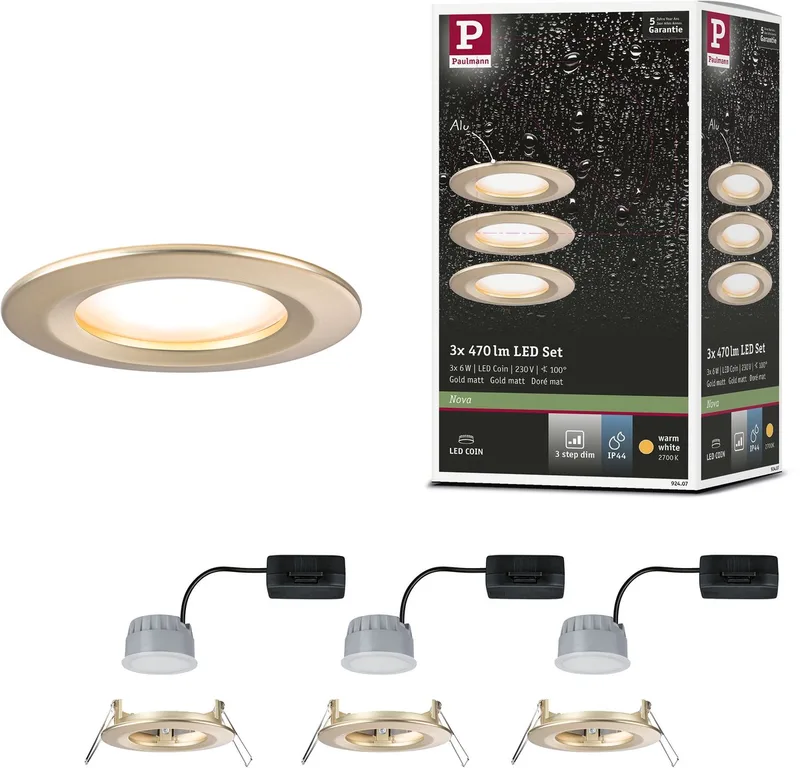 LED-inbouwlamp 3-Step-Dim Nova Coin Basisset star IP44 rond 74 mm Coin 3x6W 3x470lm 230V dimbaar 2700K från Paulmann i Goud mat – produktbild