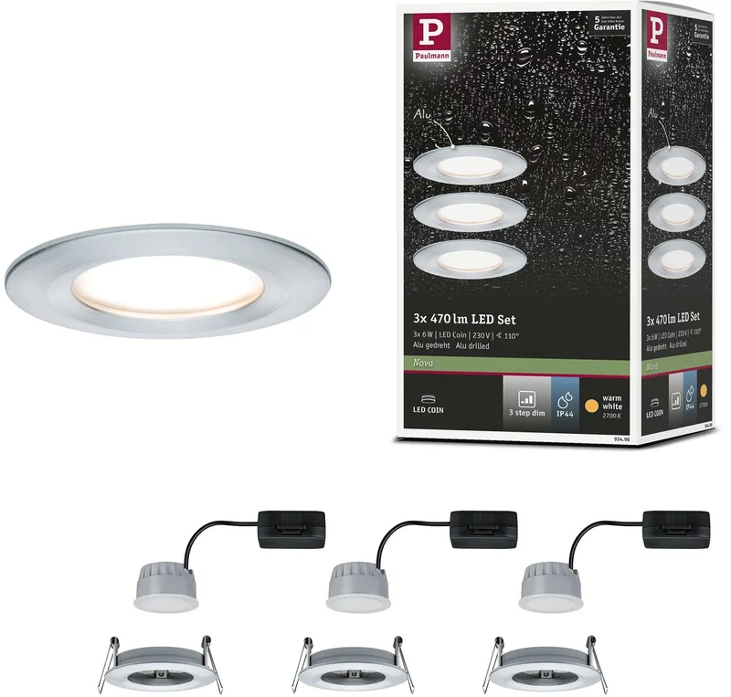 Spot encastrable LED 3-Step-Dim Nova Coin kit de base star IP44 rond 78 mm Coin 3x6W 3x470lm 230V dimmable 2700K de Paulmann en Alu gedraaid – photo produit