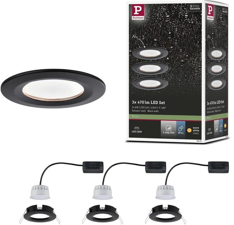 LED-inbouwlamp 3-Step-Dim Nova Coin Basisset star IP44 rond 78 mm Coin 3x6W 3x470lm 230V dimbaar 2700K van Paulmann in Zwart mat – productfoto