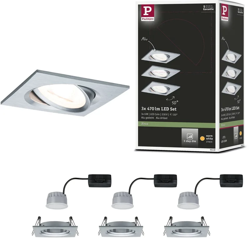 LED-inbouwlamp 3-Step-Dim Nova Coin Basisset zwenkbaar hoekig 84x84 mm 50° Coin 3x6W 3x470lm 230V dimbaar 2700K de Paulmann en Alu gedraaid – photo produit